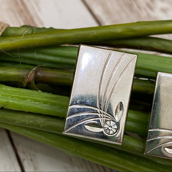 Vintage Foster Pat Pend Square CZ Stone Etched Silver-tone Cufflinks - Picture 7 of 9